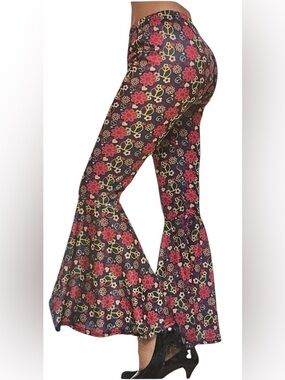 Floral Bell-Bottom Stretch Pants - Blue with Red Flowers and Yellow Peace Signs